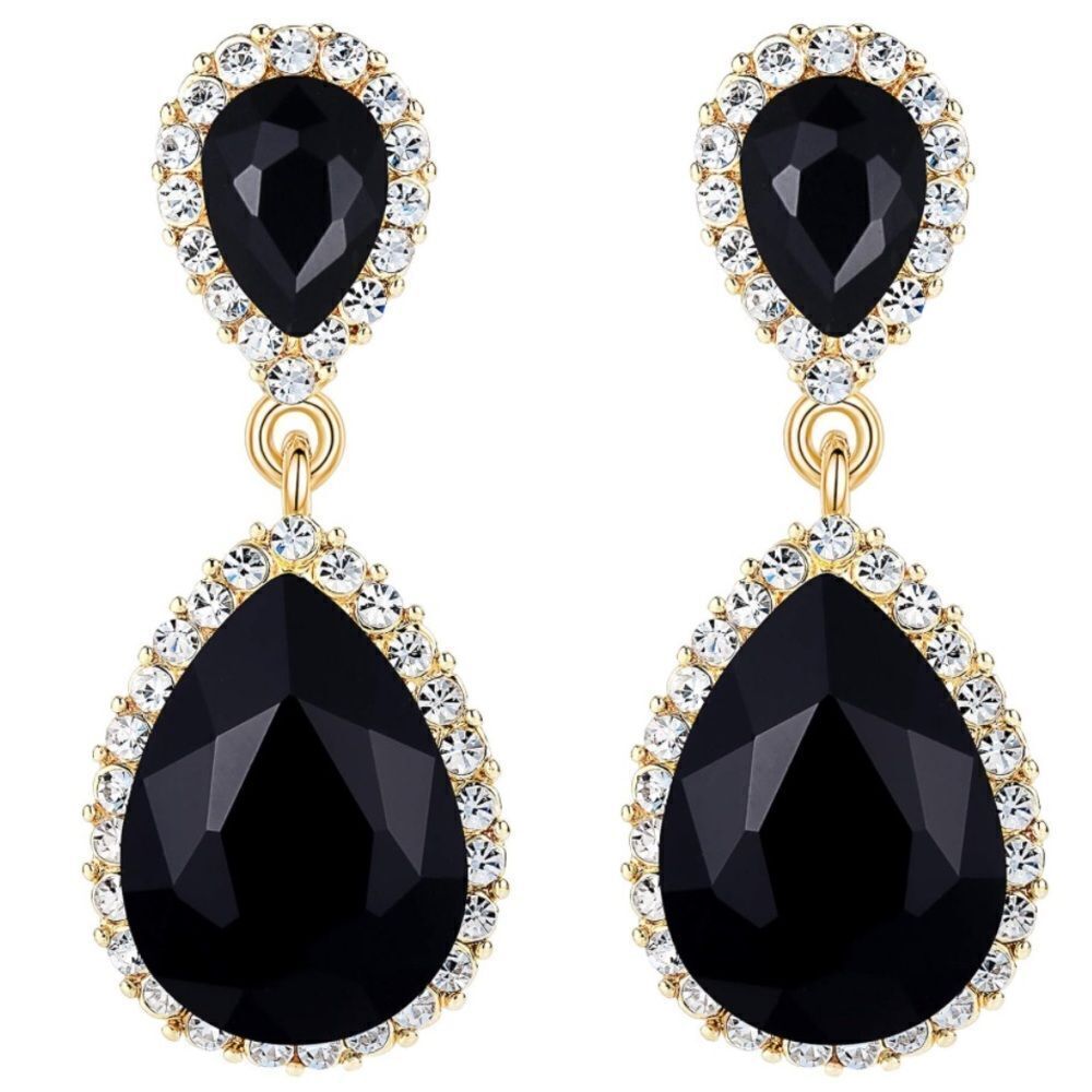 Yellow Gold with Black Onyx and White Diamond Austrian Crystal Teardrop Earrings